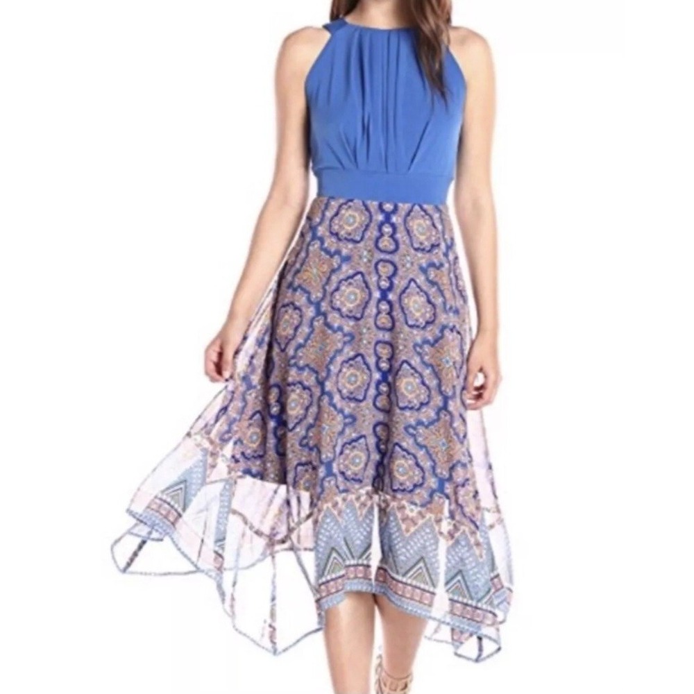 Studio One Women Halter Blue‎ Peasant Bohemian Assymetric Flowy 16 Dress